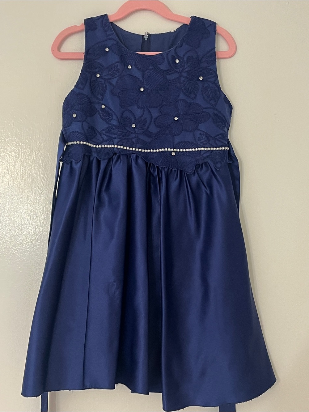 Navy Pearl-Trim Floral Lace A-Line Formal Dress for Girls